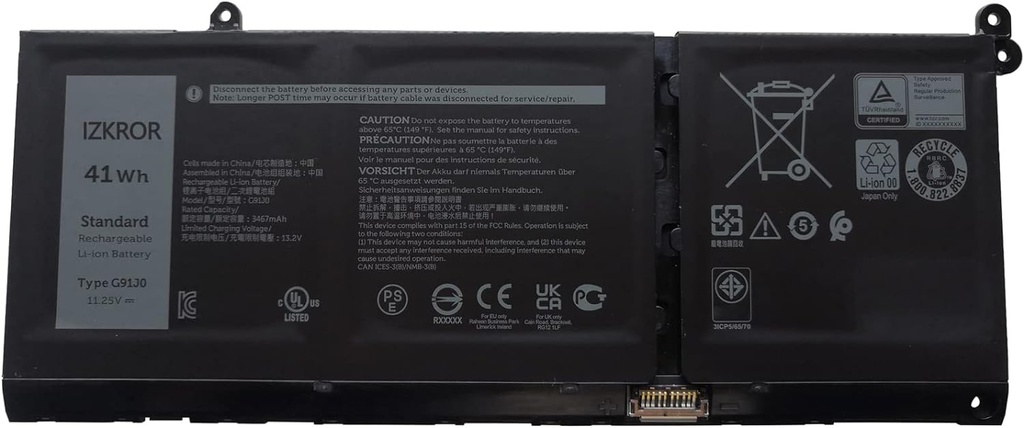 [G91J0] 41Wh G91J0 Laptop Battery Compatible with Dell Latitude 3320 3420 3520 Vostro 3510 3511 3515 5310 5410 5415 5510 5515 Inspiron 5418 5518 7415 2-in-1 0MGCM5 0FH3K2 V6W33 [11.25V 3467mAh 3-Cell]