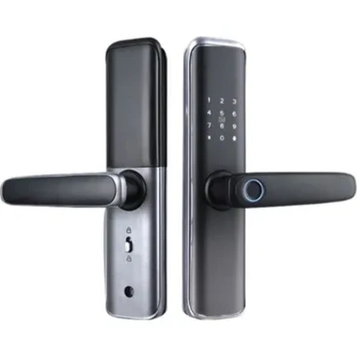 [2395] Lezn Smart Lock D01 With Fingerprint and Password, Anti-theft alarm - Matte black and gray with shiny silver frame